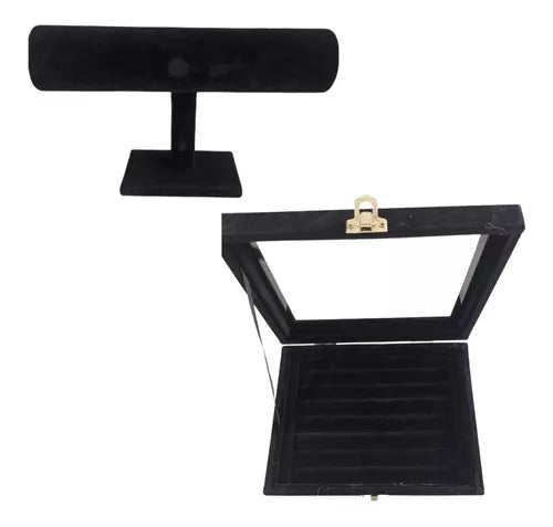Pack Exhibidor de Pulseras 1 Nivel Y Anillos Terciopelo Negro