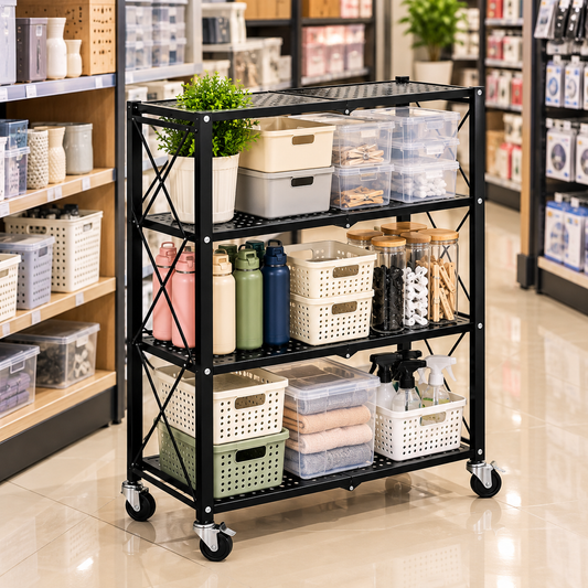 Estante Organizador 3 Niveles Plegable Negro con ruedas