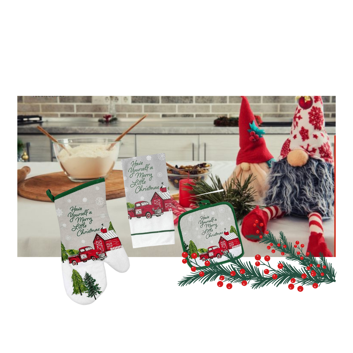 Kit de Paño de Cocina Soporte Ollas y Guante Diseño Navideño