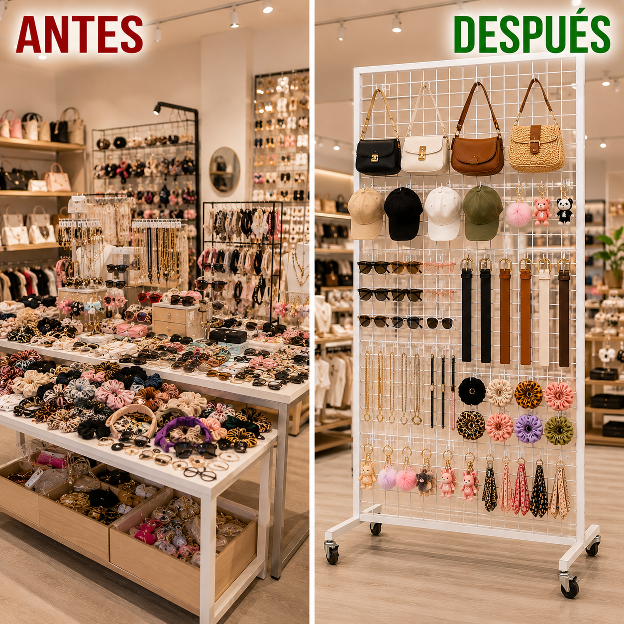 Malla Rejilla Metálica con ruedas para colgar ganchos Feria 180 cm