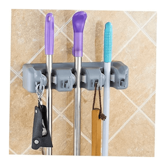 Colgador Soporte de Pared Organizador Porta Escoba Trapeador Útiles de Aseo 3 Ganchos