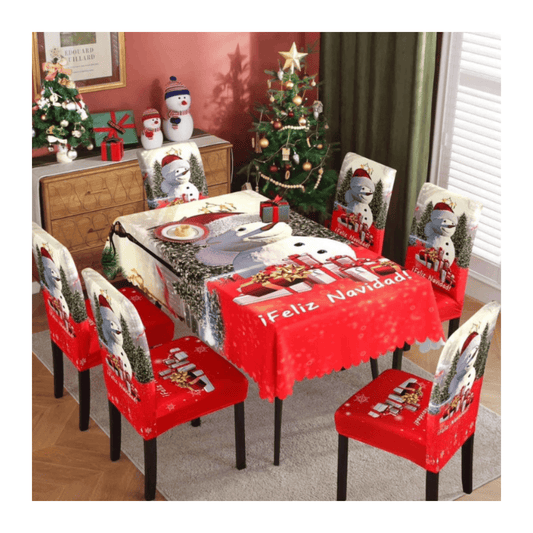 Set Mantel + Fundas Cubre Sillas de Comedor Diseño Navideño