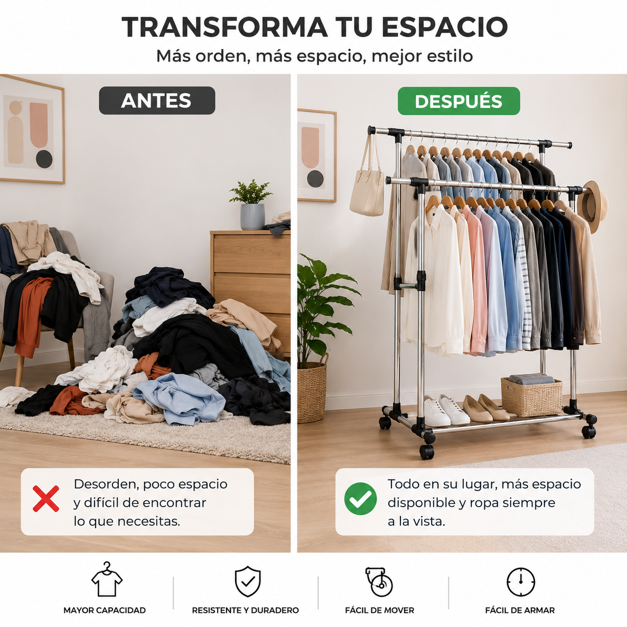 Perchero de ropa Exhibidor Doble De Metal Con Ruedas