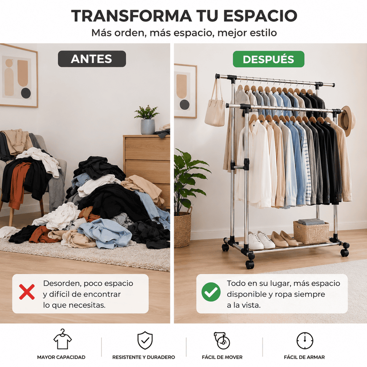 Perchero de ropa Exhibidor Doble De Metal Con Ruedas