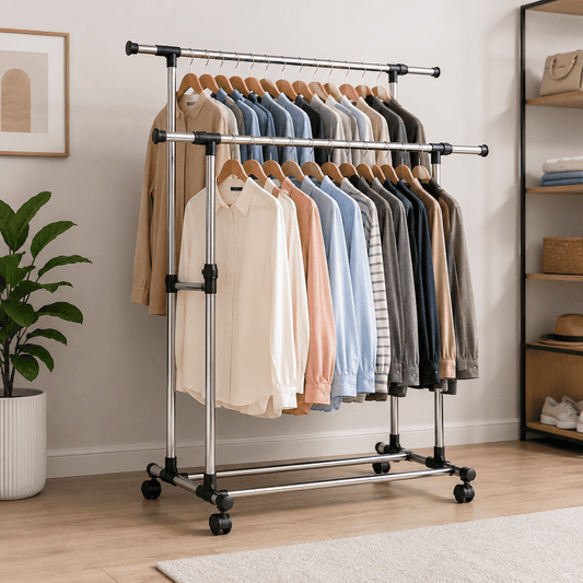 Perchero de ropa Exhibidor Doble De Metal Con Ruedas