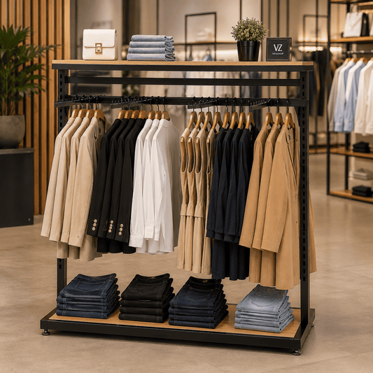 Perchero Modular Doble Negro con Tableros y ganchos para Tiendas de Ropa