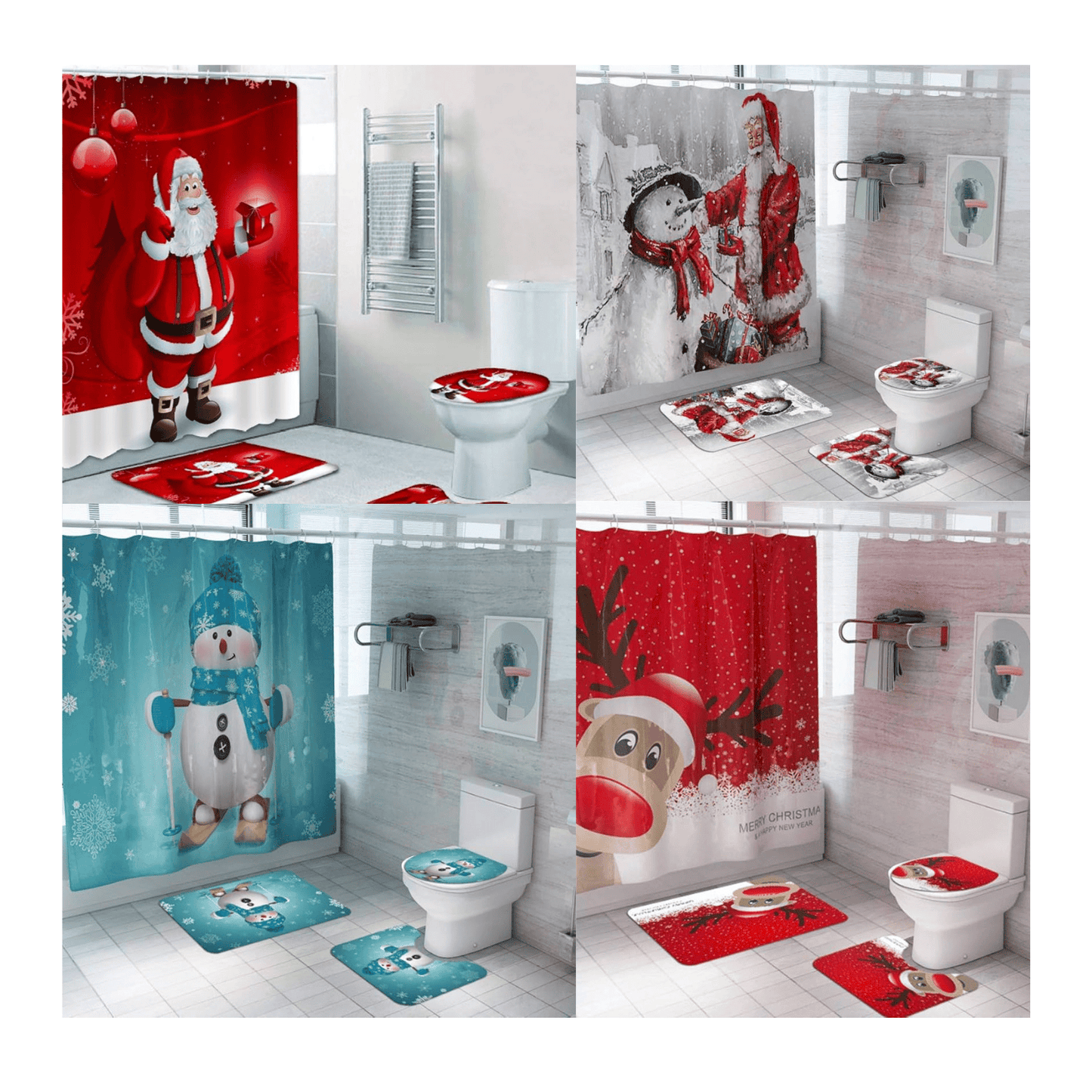 Set Juego de Baño Navideño  Alfombras Antideslizantes + Cortina de Baño 170x180 cm