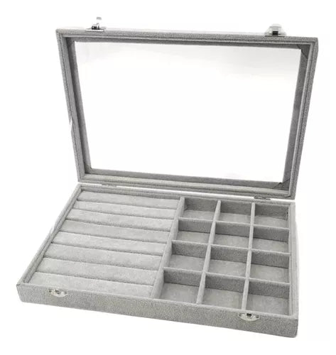 Elegante Caja Exhibidora de Joyas Color Gris Con Tapa Vidrio