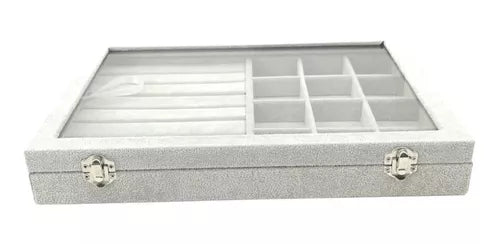 Elegante Caja Exhibidora de Joyas Color Gris Con Tapa Vidrio