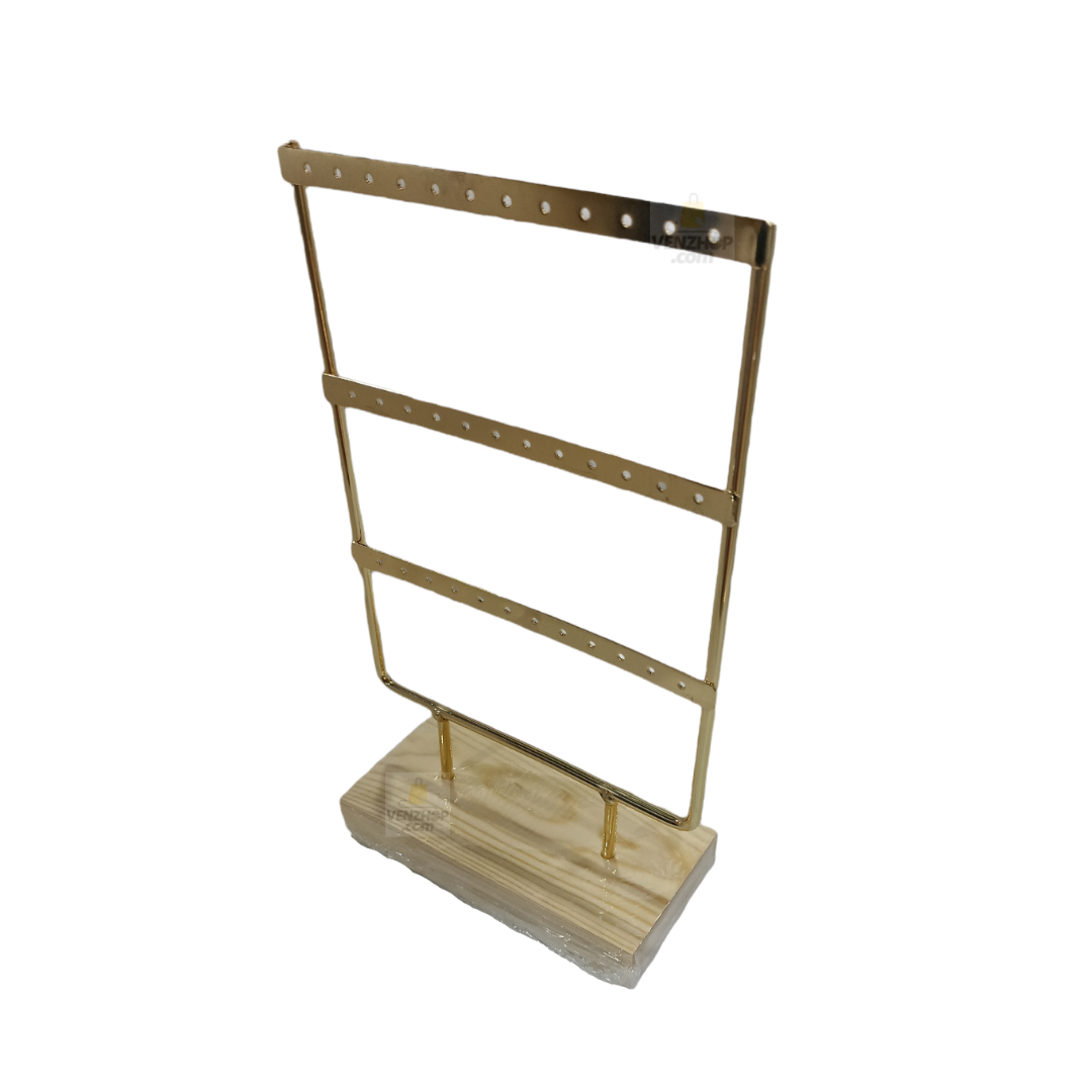 Exhibidor Dorado De Metal Base Madera Para 18 Pares De Aros
