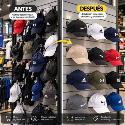 Exhibidor Metálico de Jockeys y Gorras para panel rack ranurado