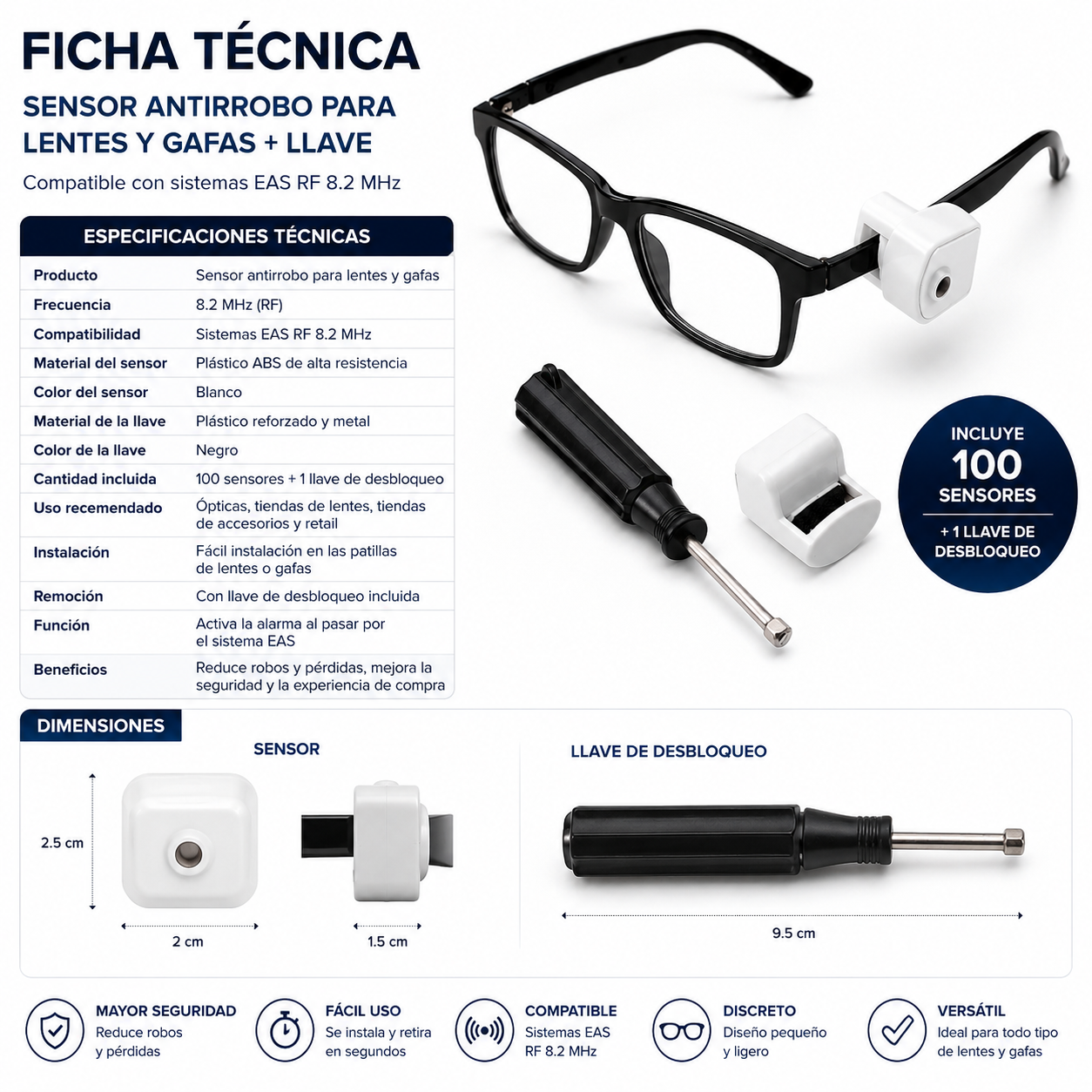 Sensor de Seguridad para Lentes y Gafas + Llave | Pack 100 Unidades