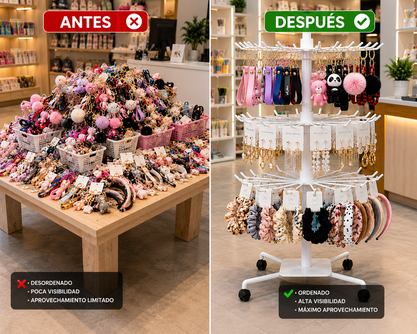 Exhibidor Giratorio de 3 Niveles para Llaveros, Bolsas, Joyería y Accesorios