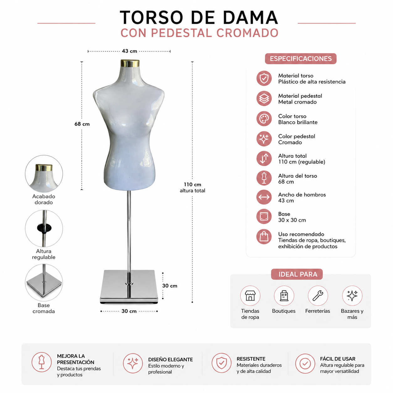 Torso de Dama con Pedestal Cromado | Maniquí Exhibidor para Tiendas y Boutiques