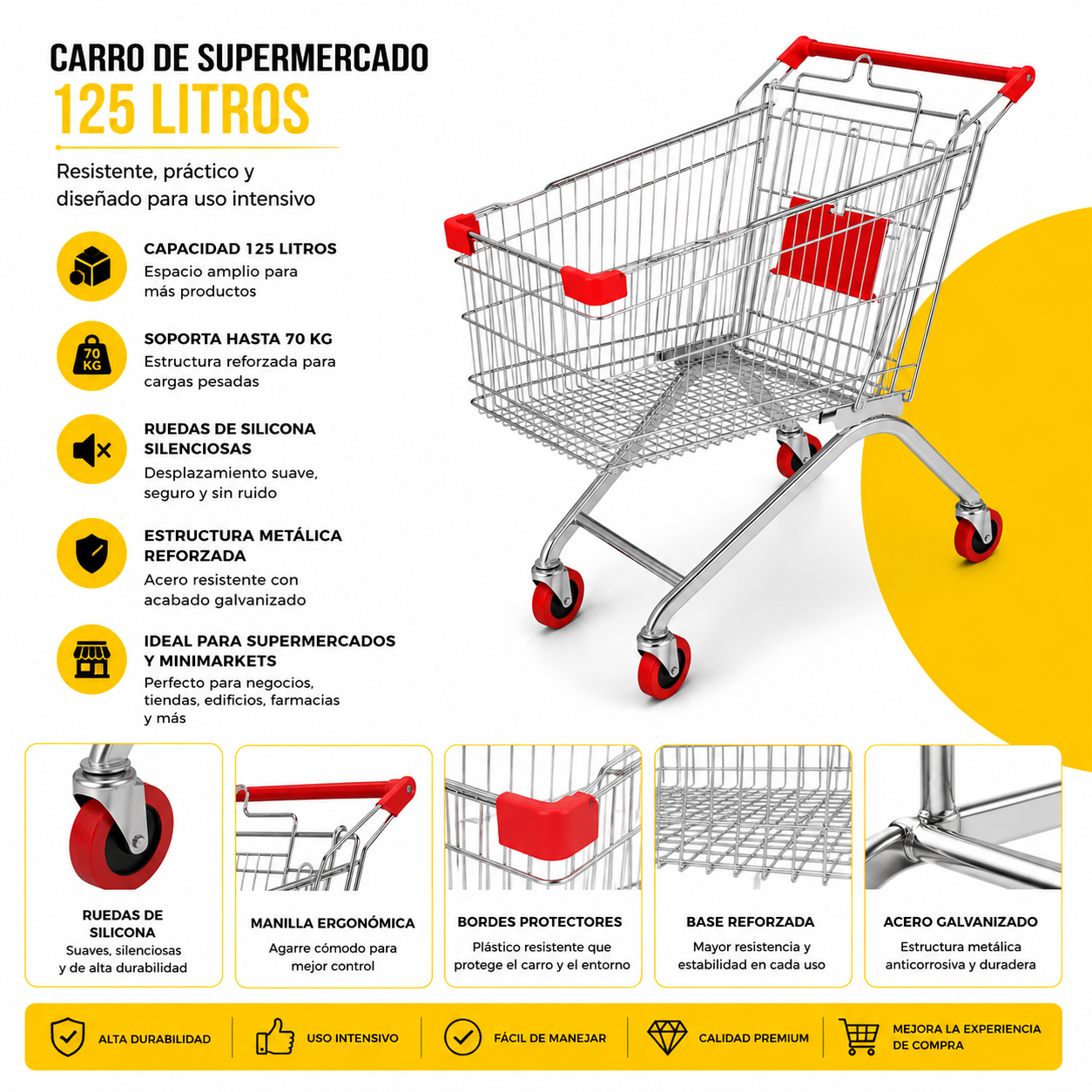 Carro De Supermercado 125 Litros Metálico Con Ruedas De Silicona Reforzado