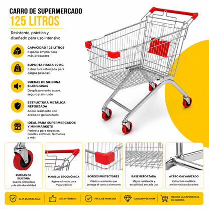 Carro De Supermercado 125 Litros Metálico Con Ruedas De Silicona Reforzado