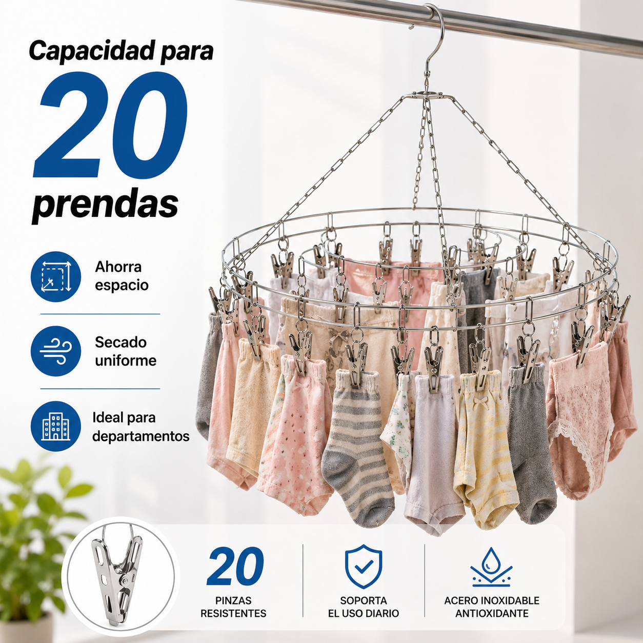 Colgador Redondo Giratorio Metal Con Pinzas inoxidables