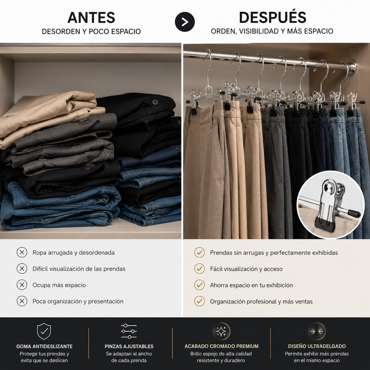 Colgador Metálico Cromado para Adulto con Pinzas Antideslizantes