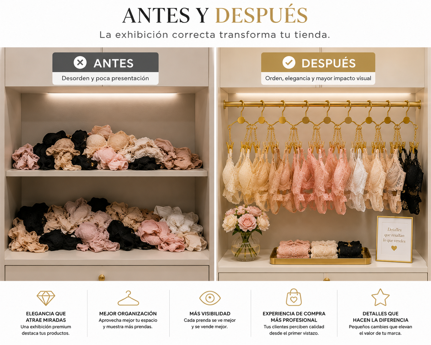 Colgador Metálico Dorado con Pinzas Premium lenceria