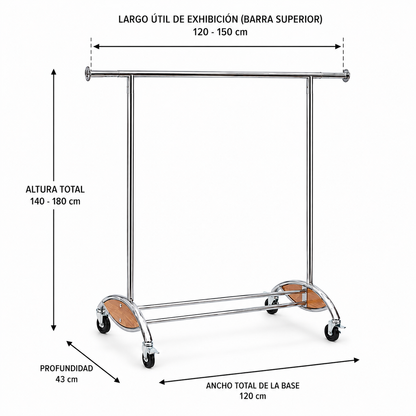 Perchero de ropa Colgador exhibidor extendible Metal Con Ruedas