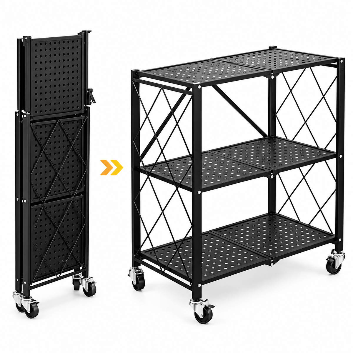 Estante Organizador 3 Niveles Plegable Negro con ruedas