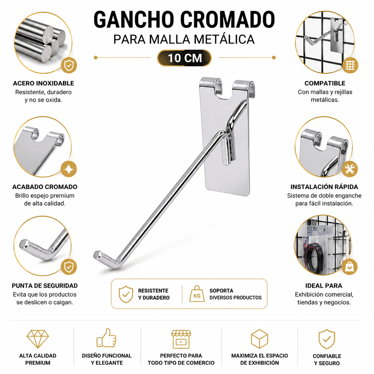 Gancho Malla o Rejilla de Metal Cromado de 10cm