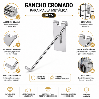 Gancho Malla o Rejilla de Metal Cromado de 10cm