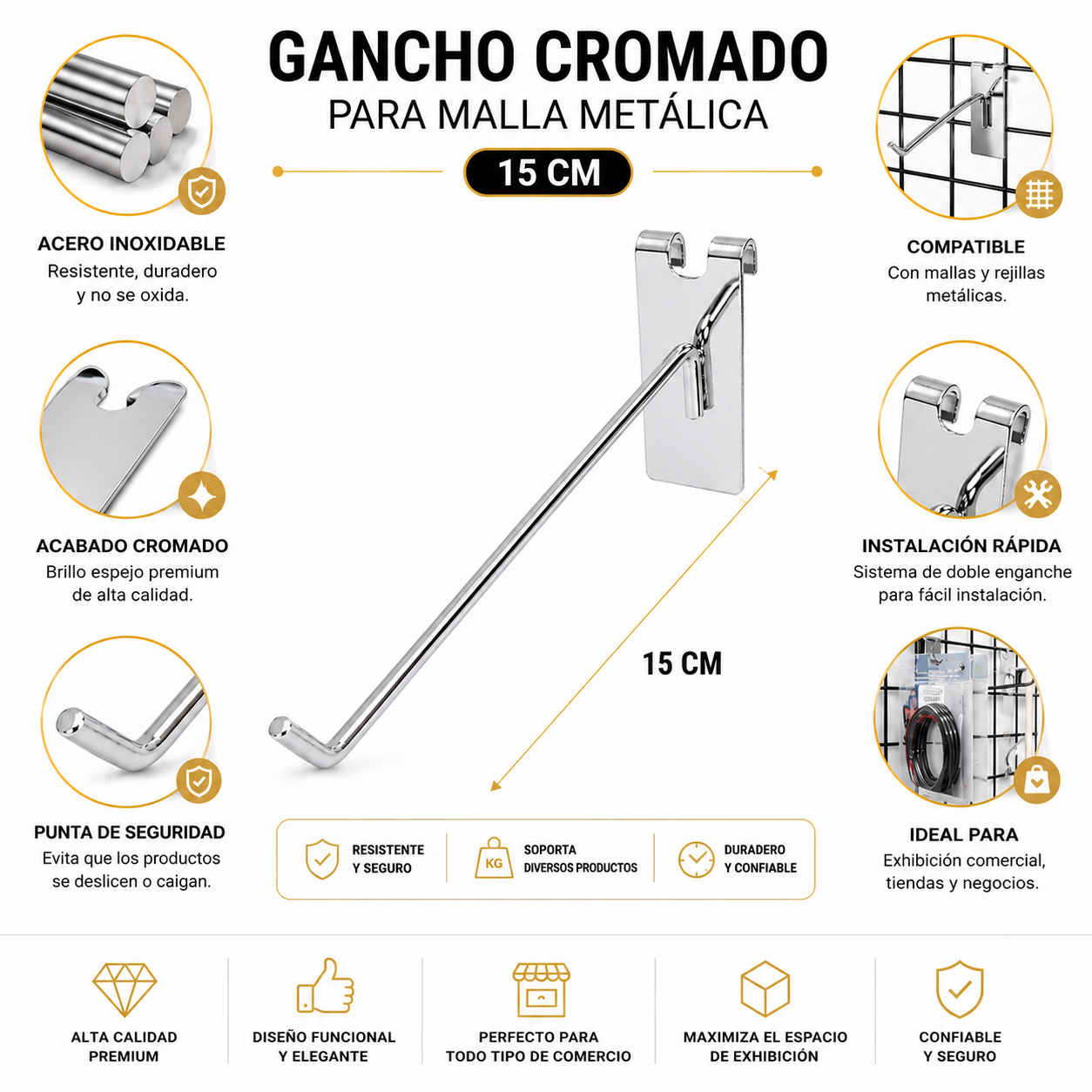 Gancho Malla o Rejilla Metal Cromado de 15cm