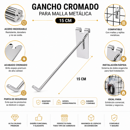 Gancho Malla o Rejilla Metal Cromado de 15cm