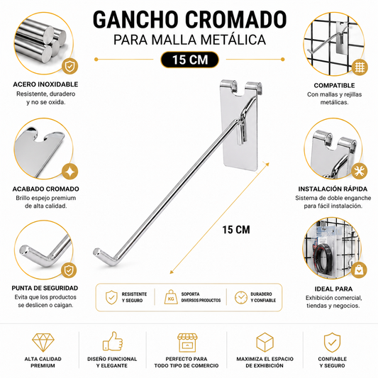 Gancho Malla o Rejilla Metal Cromado de 15cm