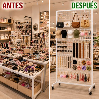 Malla Rejilla Metálica con ruedas para colgar ganchos Feria 180 cm