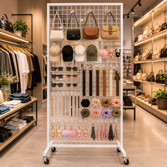 Malla Rejilla Metálica con ruedas para colgar ganchos Feria 180 cm