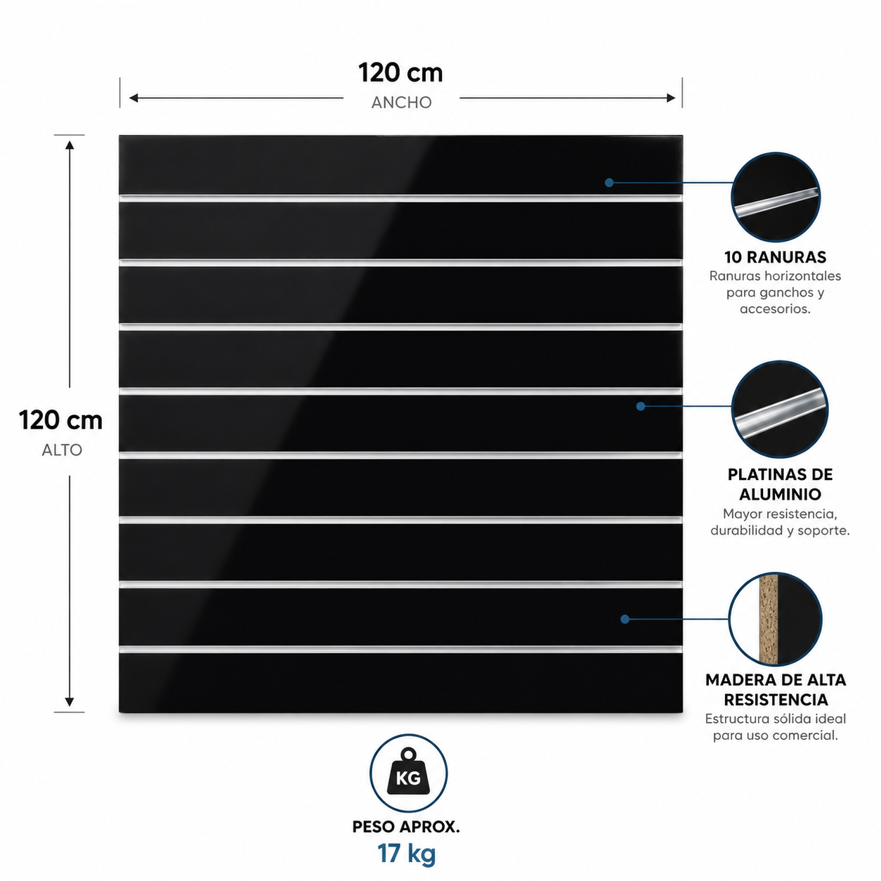 Panel Ranurado Negro Brillante 120x120 cm con Platinas de Aluminio