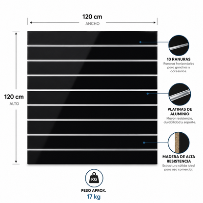 Panel Ranurado Negro Brillante 120x120 cm con Platinas de Aluminio