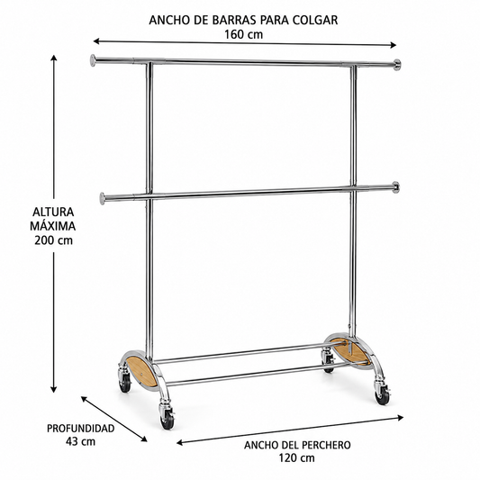 Perchero doble Niveles Colgador Metal cromado Extendible Con Ruedas