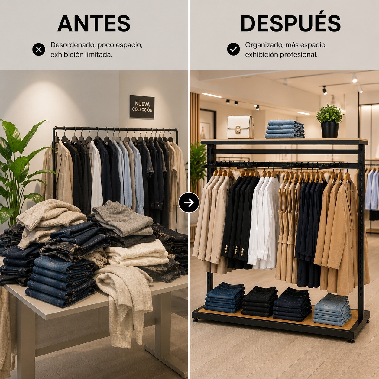 Perchero Modular Doble Negro con Tableros y ganchos para Tiendas de Ropa