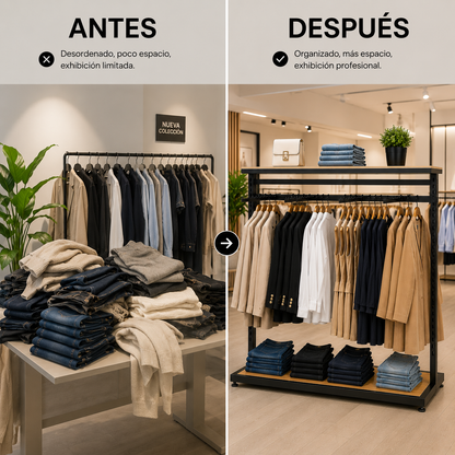 Perchero Modular Doble Negro con Tableros y ganchos para Tiendas de Ropa