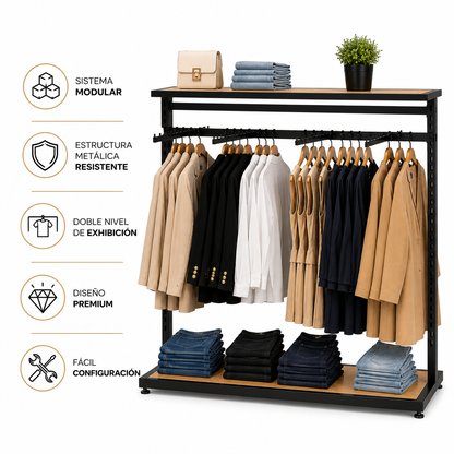 Perchero Modular Doble Negro con Tableros y ganchos para Tiendas de Ropa