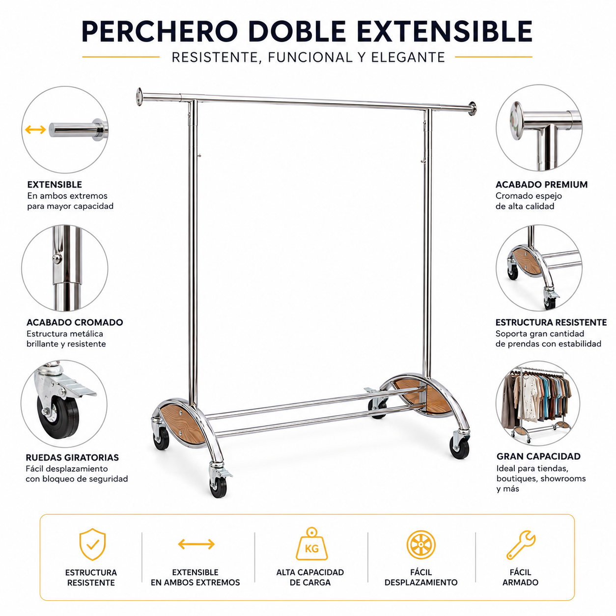 Perchero de ropa Colgador exhibidor extendible Metal Con Ruedas
