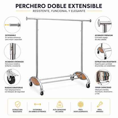 Perchero de ropa Colgador exhibidor extendible Metal Con Ruedas