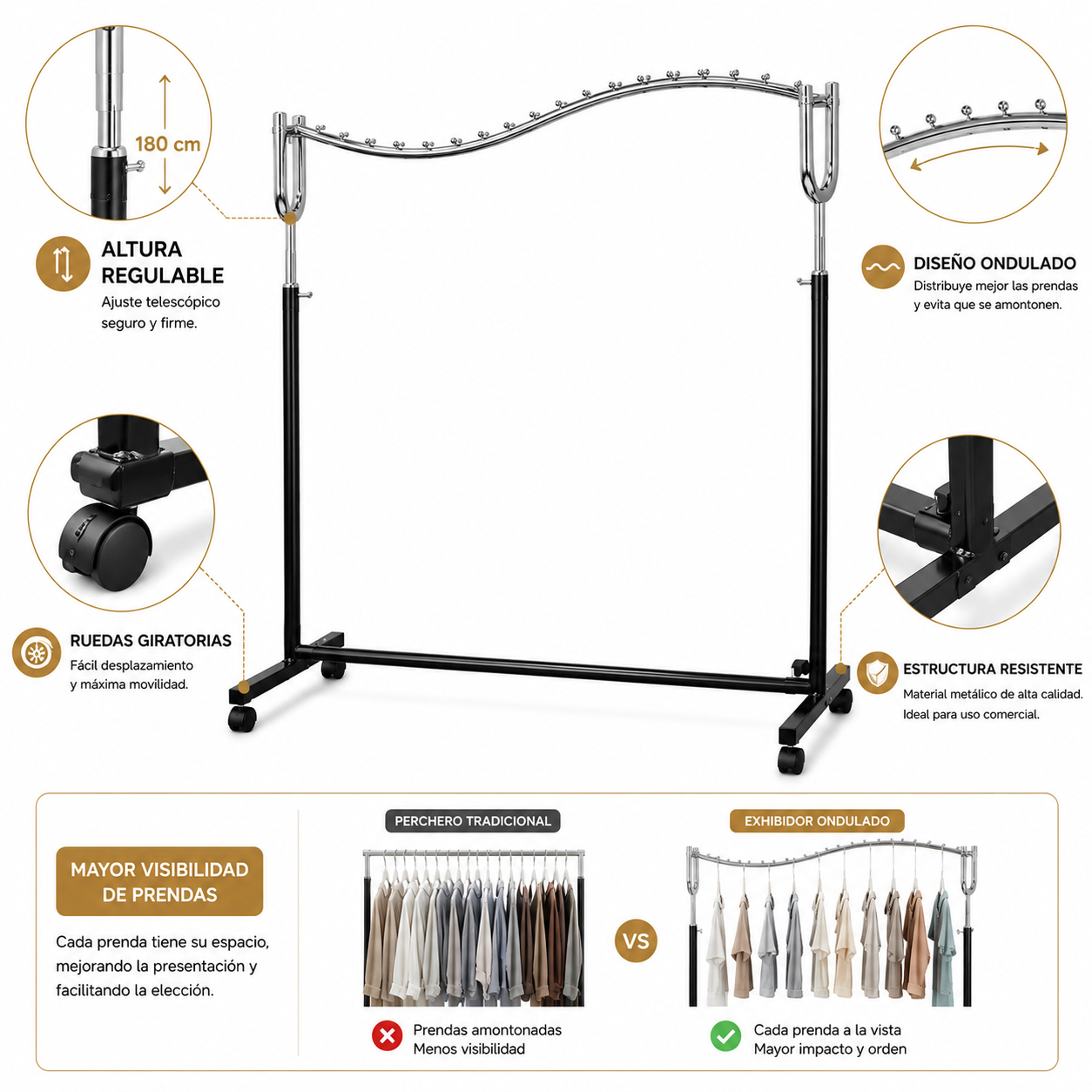 Perchero de ropa Colgador tipo Cascada Para Exhibir Poleras Metal