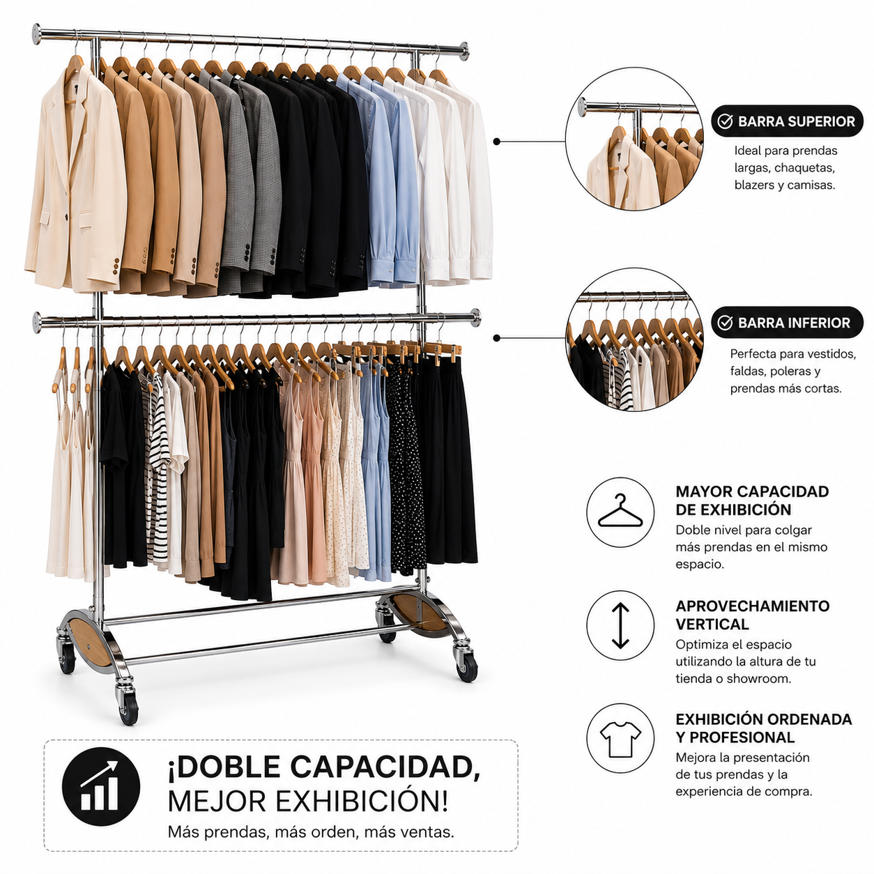 Perchero doble Niveles Colgador Metal cromado Extendible Con Ruedas