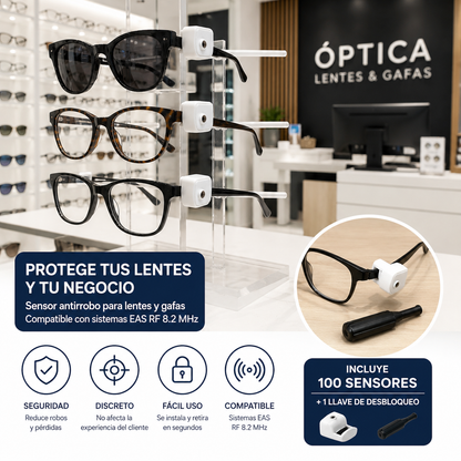 Sensor de Seguridad para Lentes y Gafas + Llave | Pack 100 Unidades