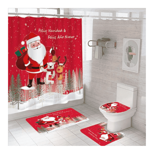 Set Juego de Baño Navideño  Alfombras Antideslizantes + Cortina de Baño 170x180 cm