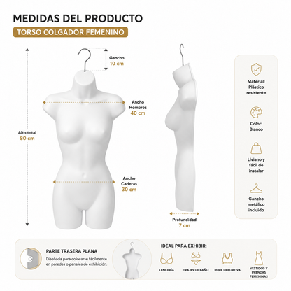 Torso Colgador Femenino Blanco para Exhibición Profesional