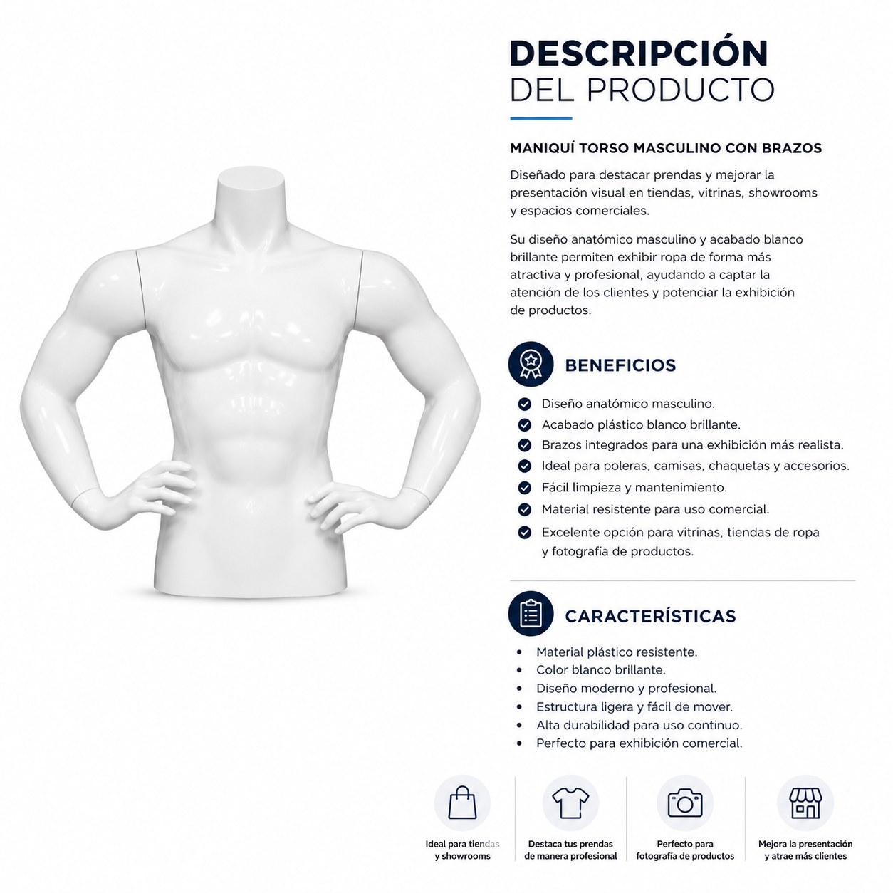 Maniquí Torso Blanco De Hombre Con Brazos
