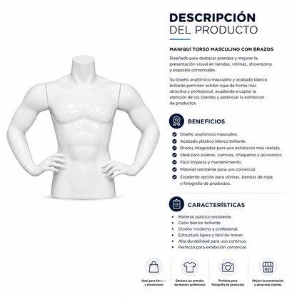 Maniquí Torso Blanco De Hombre Con Brazos